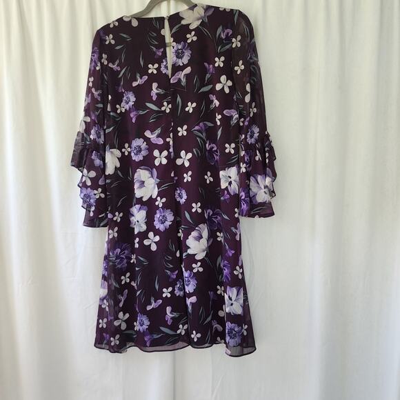 Calvin Klein Floral Print Long bell Sleeve mini Dress 6 purple romantic ruffle - Picture 11 of 11